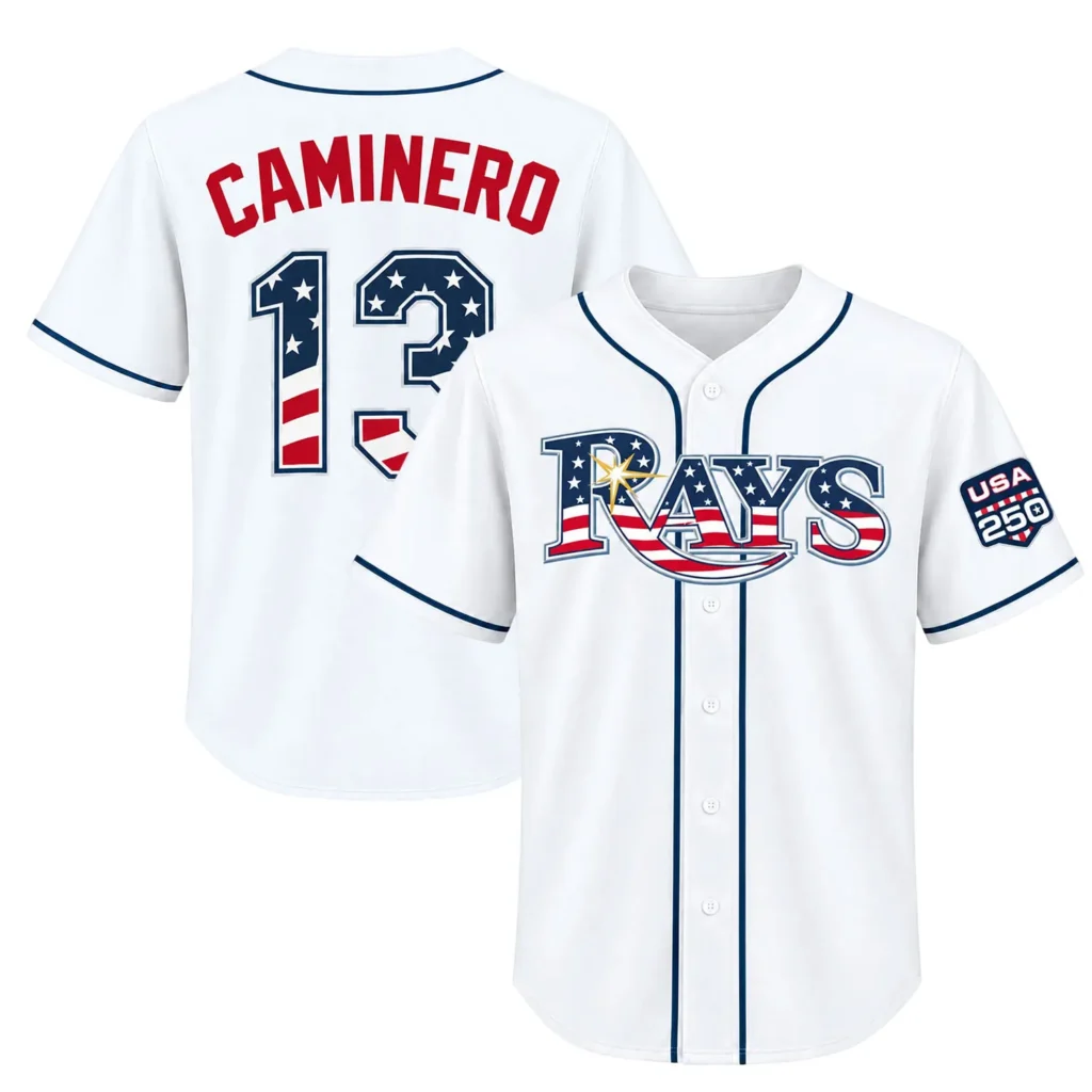 Rays Fan Jersey Junior Caminero Patriotic Bold Game Style