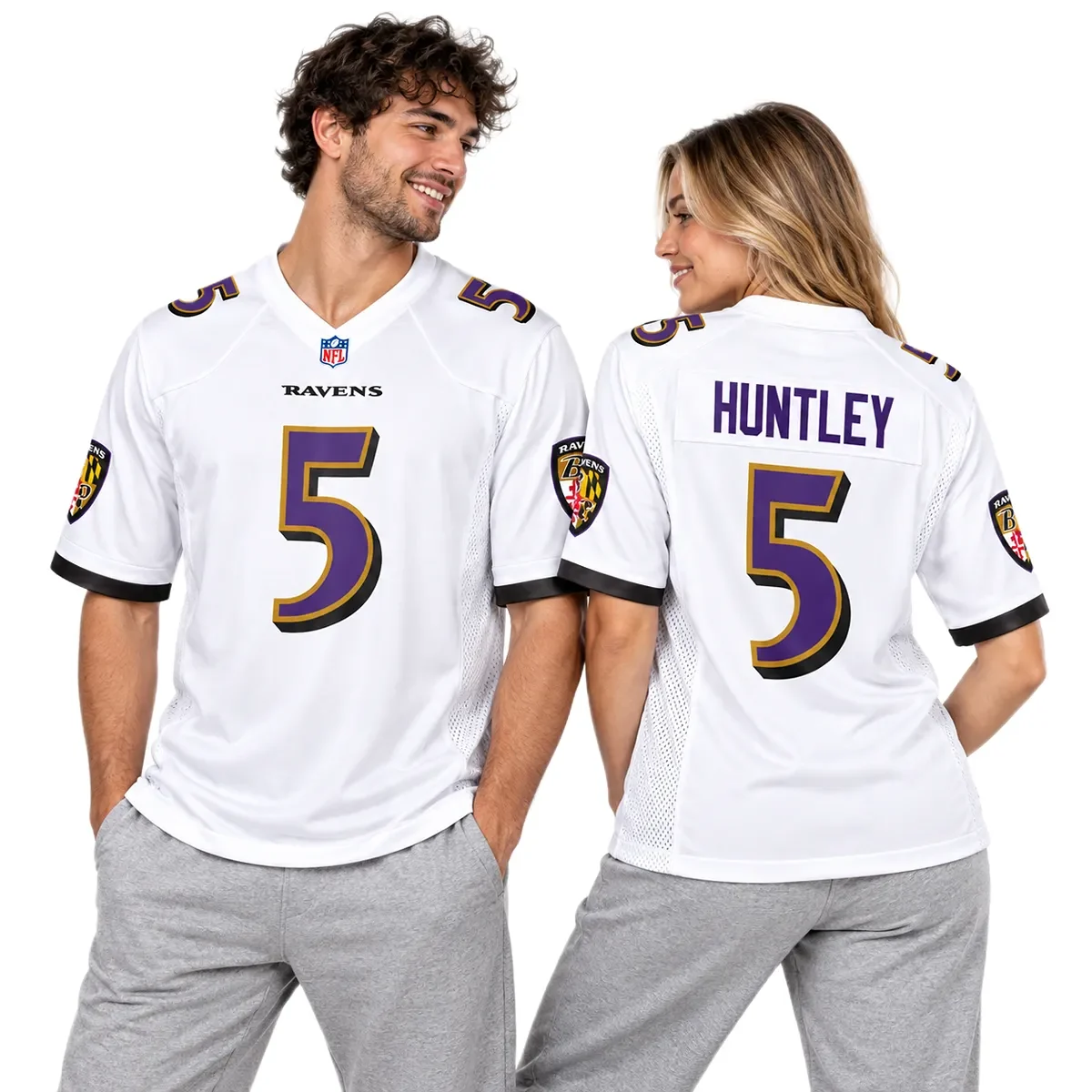 Baltimore Ravens Tyler Huntley White Away Jersey – couple view