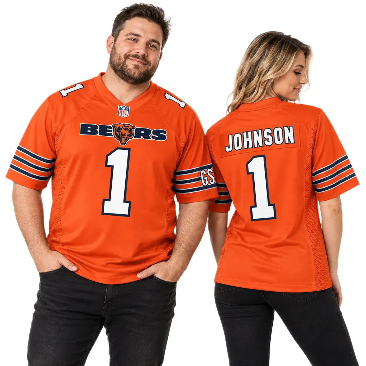 Chicago Bears Jaylon Johnson Orange Jersey – couple view