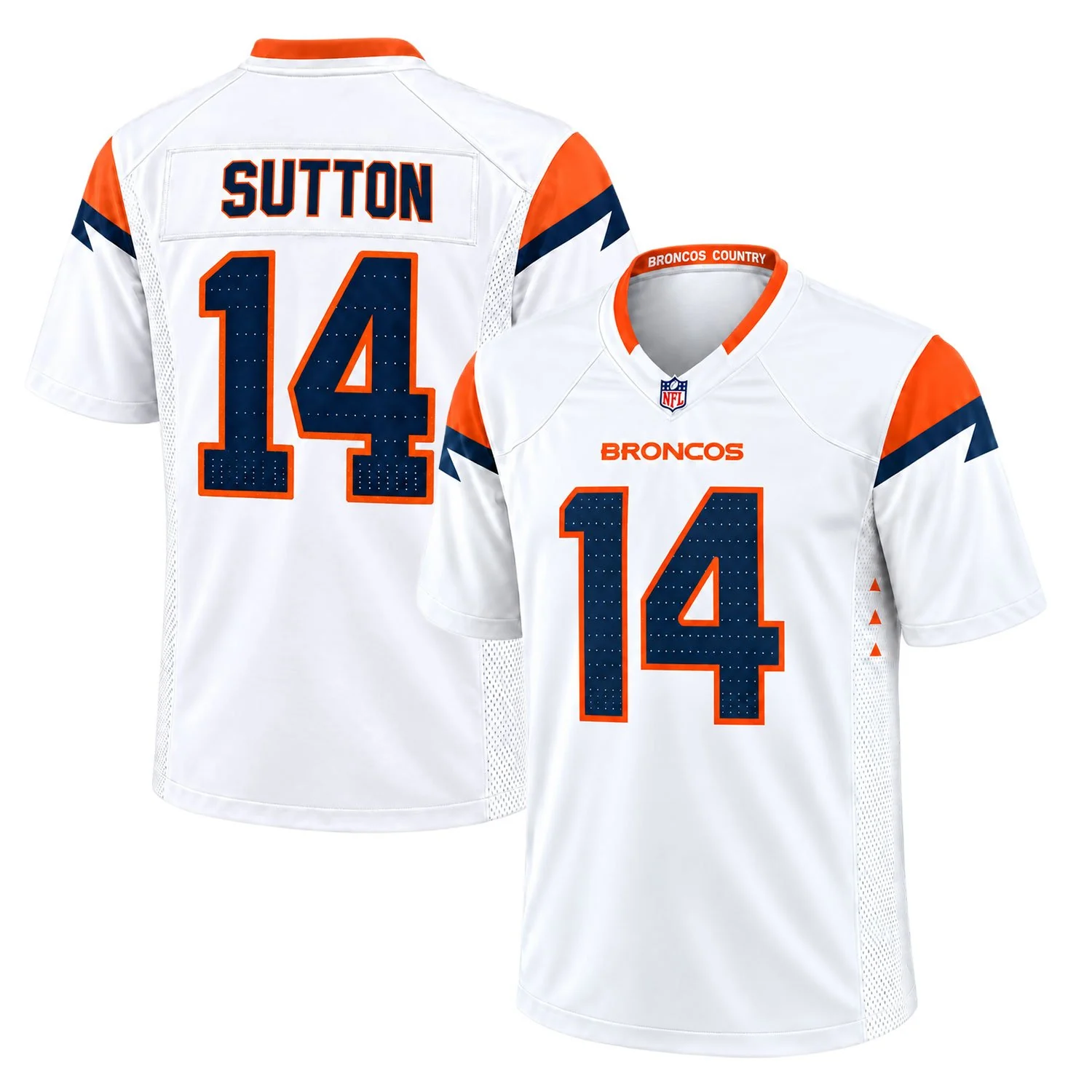 Denver Broncos Courtland Suttan White Away Jersey – front back view