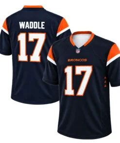 Denver Broncos Jaylen Waddle Navy Jersey – front back view