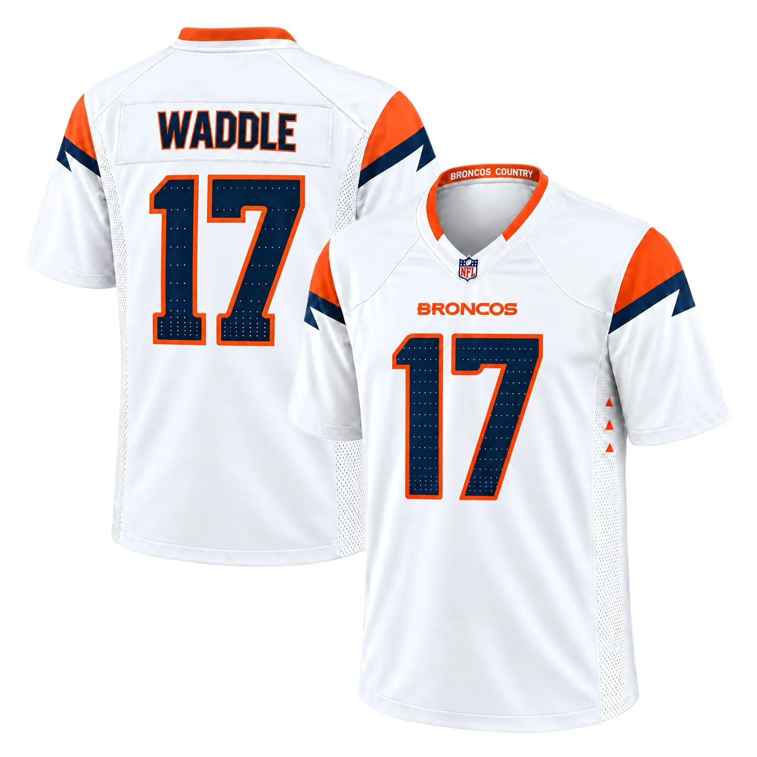 Denver Broncos Jaylen Waddle White Jersey – front back view