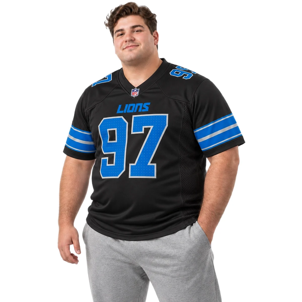 Detroit Lions Aidan Hutchinson Black Alternate Jersey – model front view