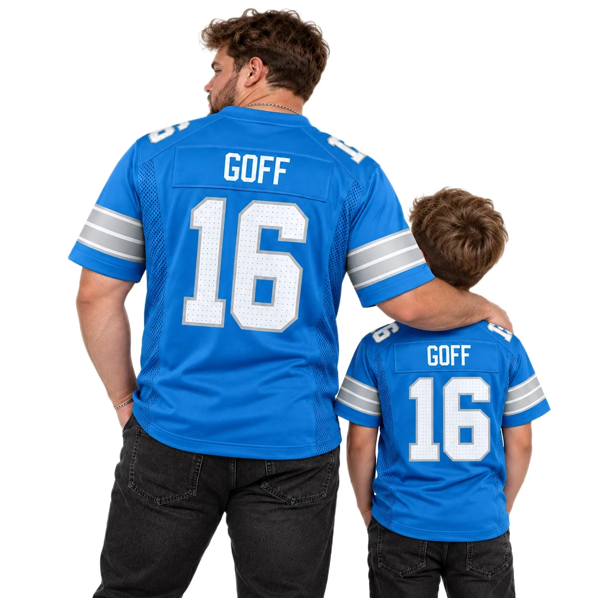 Detroit Lions Jared Goff Blue Jersey – model back view
