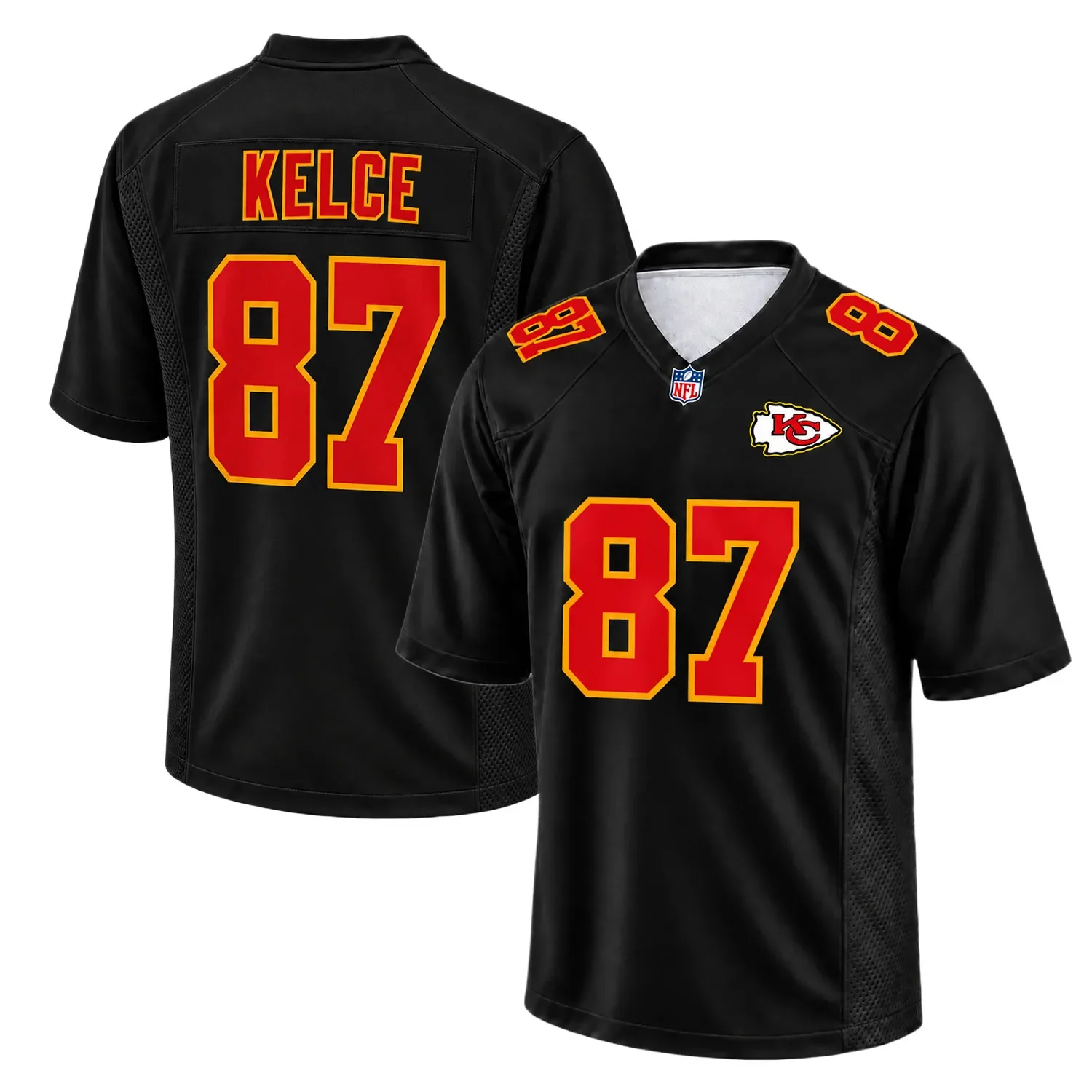 Kansas City Chiefs Travis Kelce Black Jersey – front back view