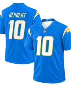 Los Angeles Chargers Justin Herbert Powder Blue Home Jersey – front back view