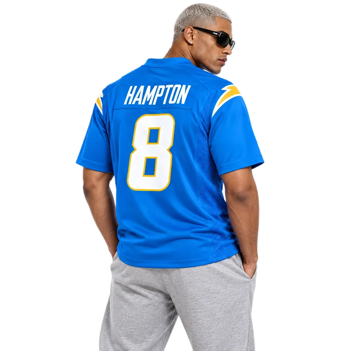 Los Angeles Chargers Omarion Hampton Powder Blue Jersey – model view