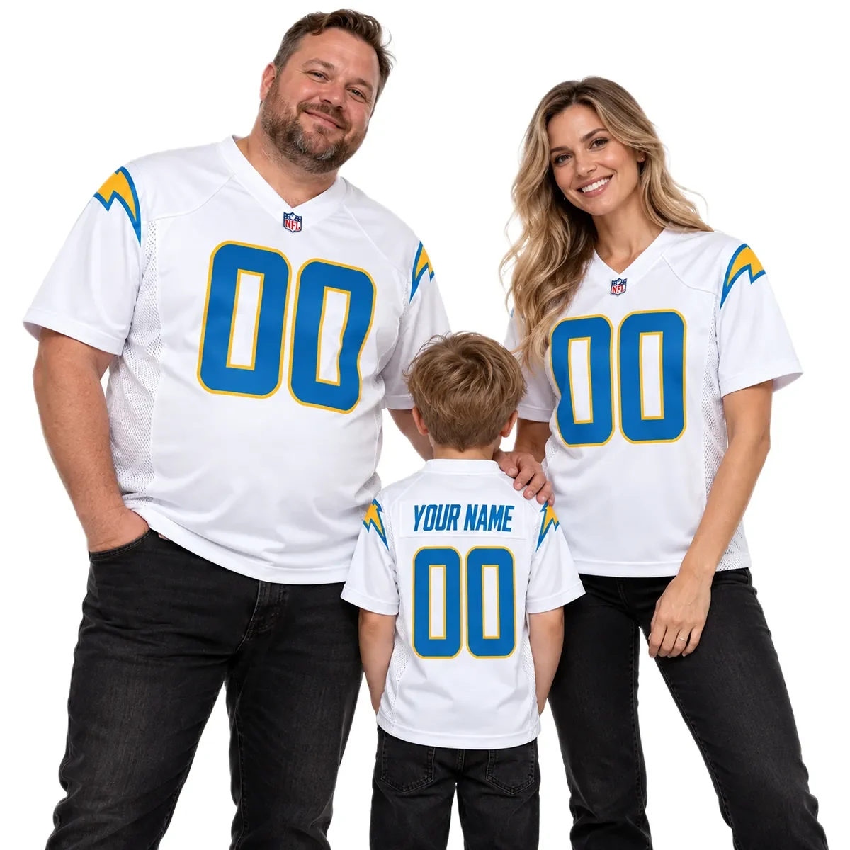 Los Angeles Chargers White Away Custom Jersey – family view