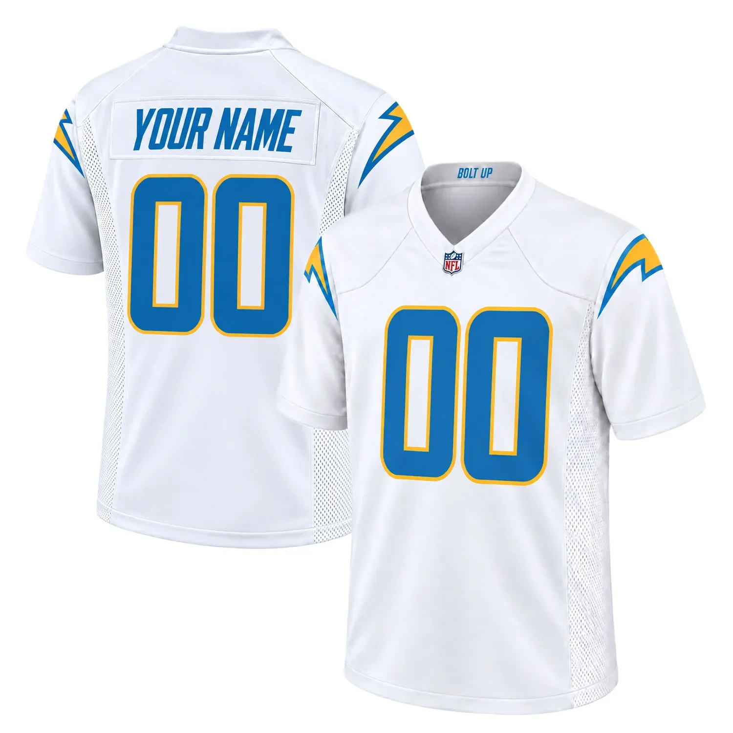 Los Angeles Chargers White Away Custom Jersey – front back view