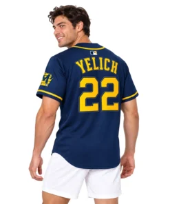 Milwaukee Brewers Christian Yelich Navy Jersey – model view