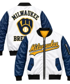Milwaukee Brewers White Bomber Jacket – front back view