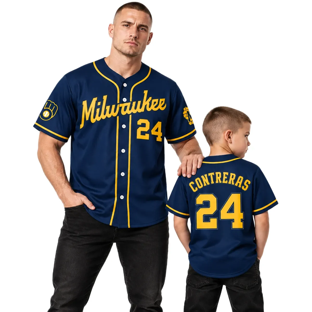 Milwaukee Brewers William Contreras Navy Alternate Jersey – dad son view
