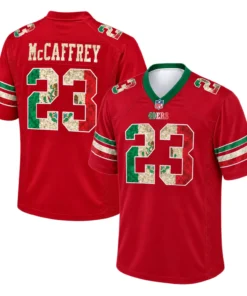 San Francisco 49ers Christian McCaffrey Jersey – front back view