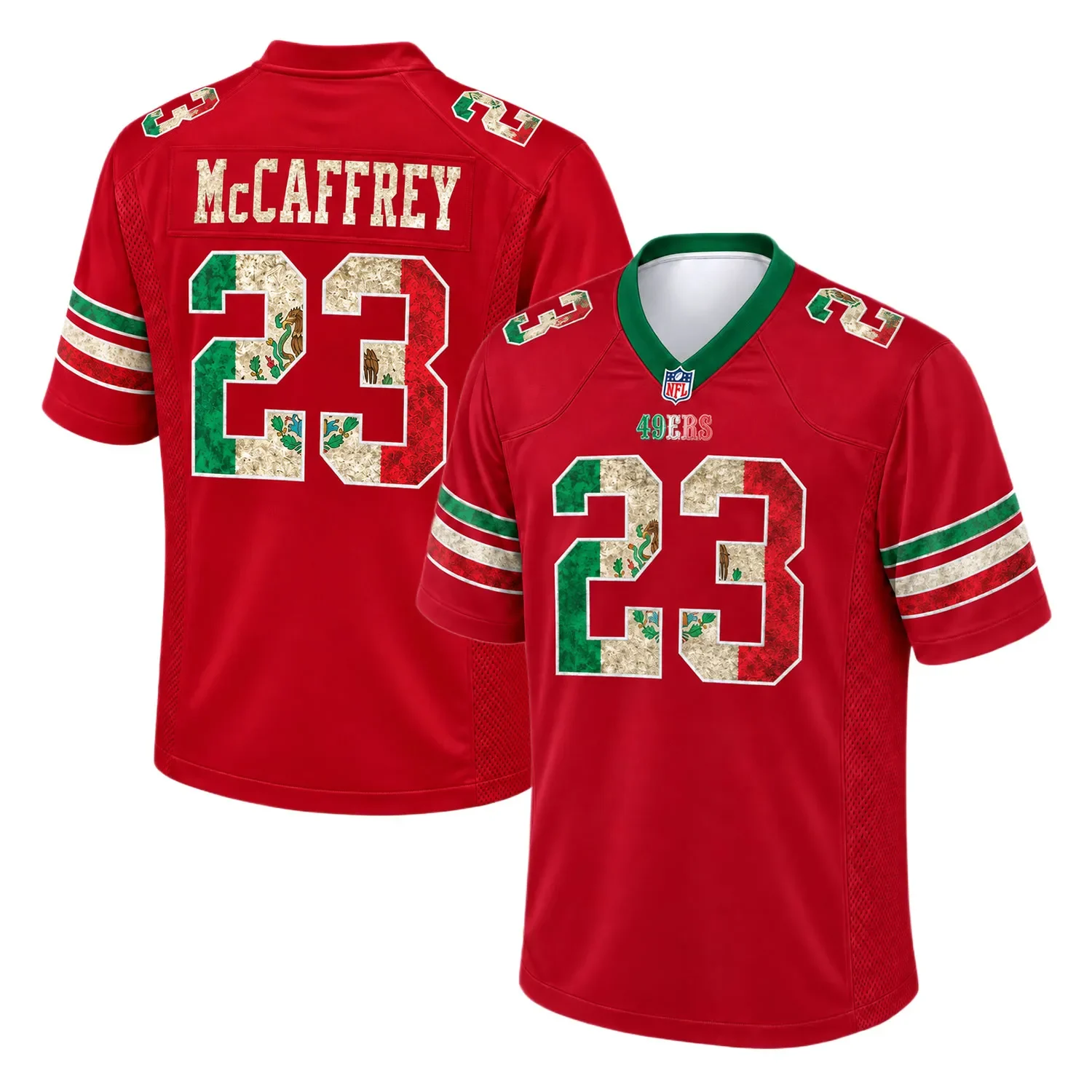 San Francisco 49ers Christian McCaffrey Jersey – front back view