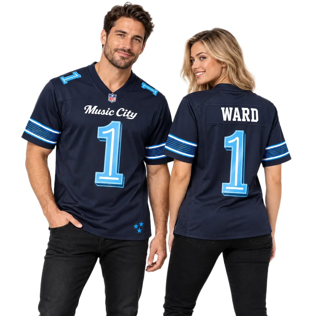 Tennessee Titans Cam Ward Navy Rivalries Jersey – couple view