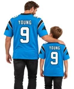 Youth Carolina Panthers Bryce Young Blue Jersey – model back view
