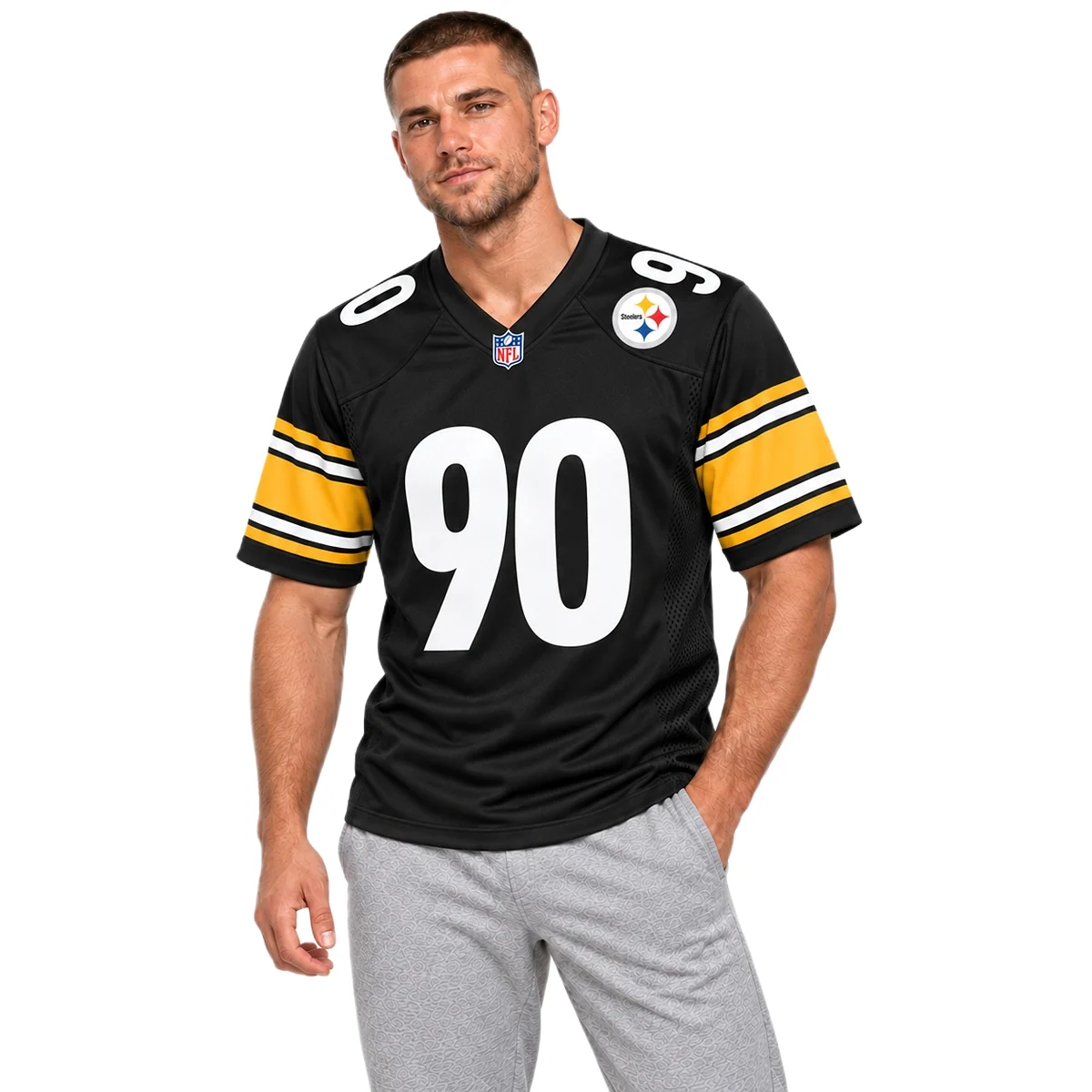 Youth Pittsburgh Steelers TJ Watt Black Jersey – model front view